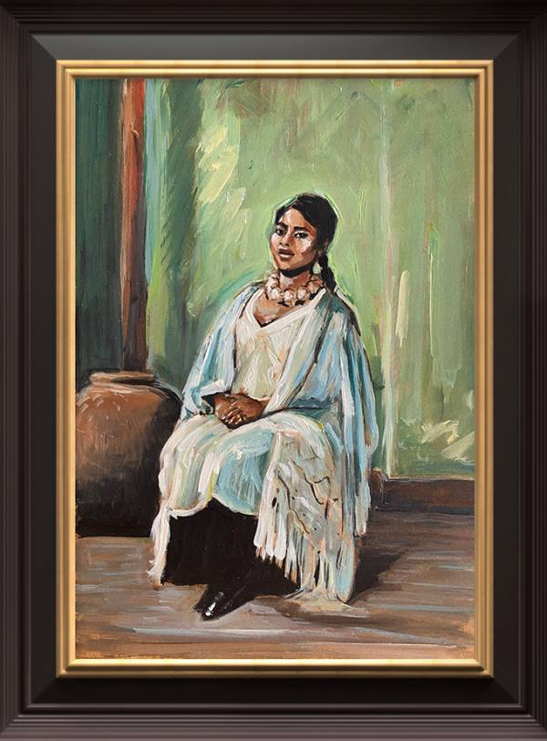 Retrato enmarcado de una mujer sentada con mantón blanco, obra de Alberto Jurada