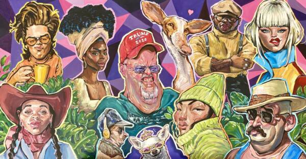Obra coral con personajes y animales sobre fondo geométrico, pintura de Alberto Jurada