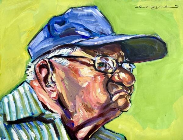 Retrato de hombre con gorra azul sobre fondo verde lima, pintura de Alberto Jurada