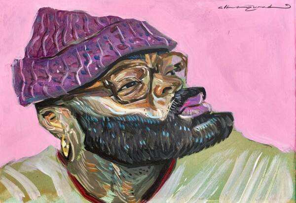 Retrato de hombre con barba y gorro morado sobre fondo rosa, pintura de Alberto Jurada