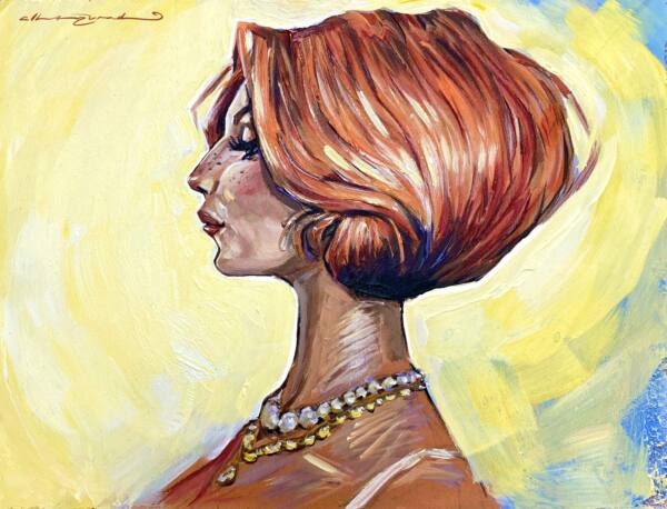 Retrato de perfil de mujer pelirroja con collar de perlas, pintura de Alberto Jurada