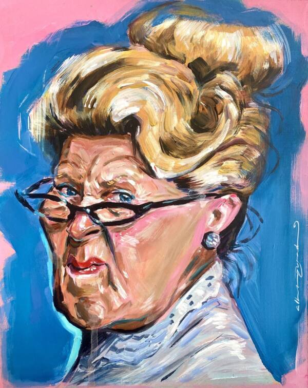 Retrato de señora con gafas y moño rubio sobre fondo azul, pintura de Alberto Jurada