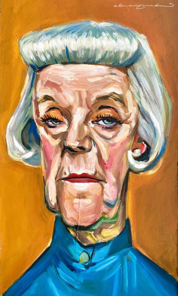 Retrato de señora de pelo blanco sobre fondo naranja, pintura de Alberto Jurada