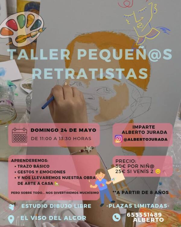 Cartel del taller Pequeños retratistas, impartido por Alberto Jurada en el estudio Dibujo Libre