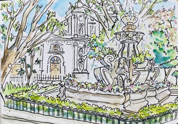 Acuarela de la fuente del Parque Central de Antigua Guatemala entre árboles