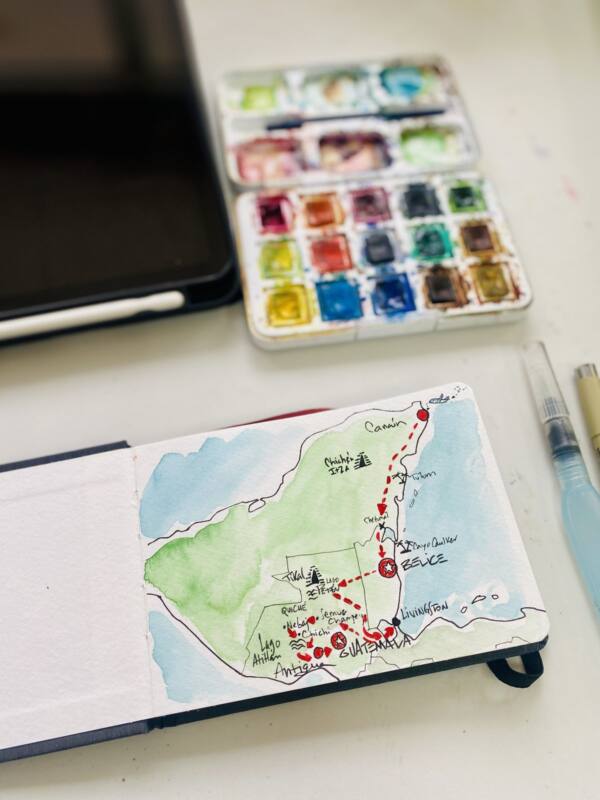 Mapa en acuarela de la ruta de un viaje improvisado por México y Guatemala