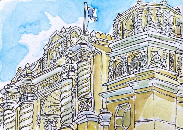 Acuarela de la fachada amarilla de la iglesia de La Merced, Antigua Guatemala