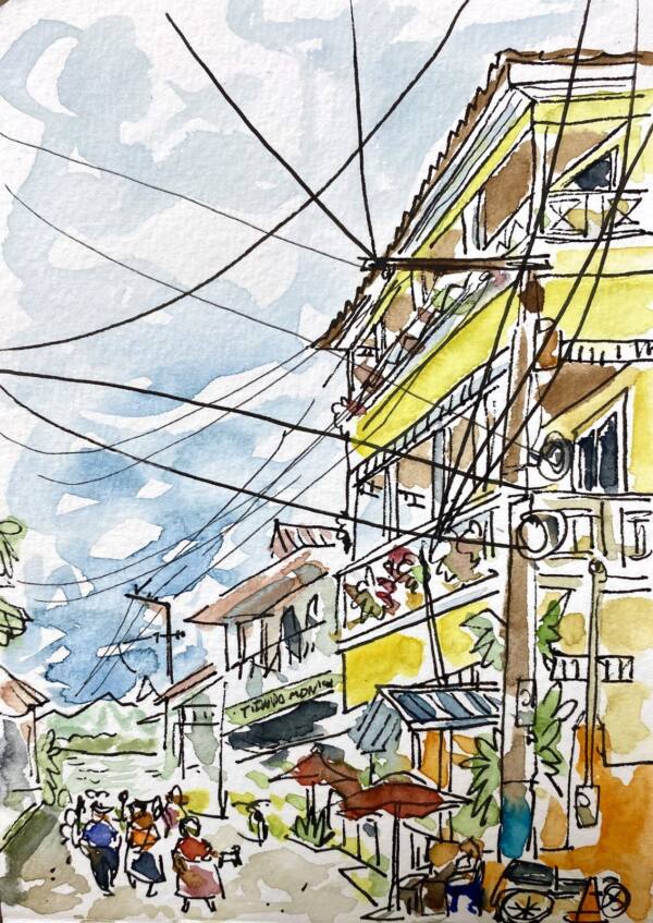 Acuarela de una calle de Livingston, Guatemala, con cables y casas de colores