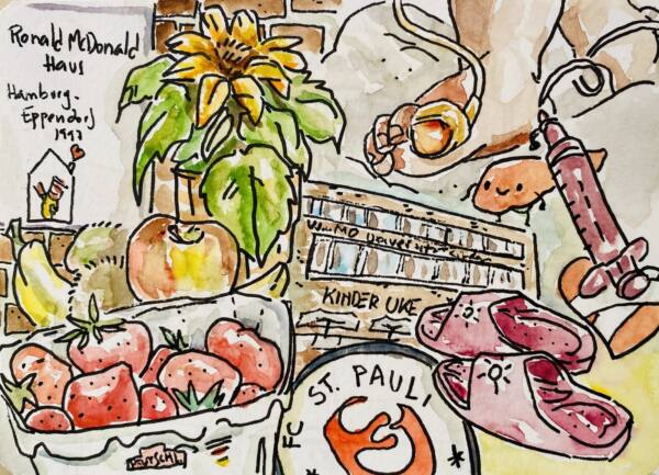 Acuarela resumen de la visita al hospital infantil UKE de Hamburgo: fruta, flores y la Ronald McDonald Haus