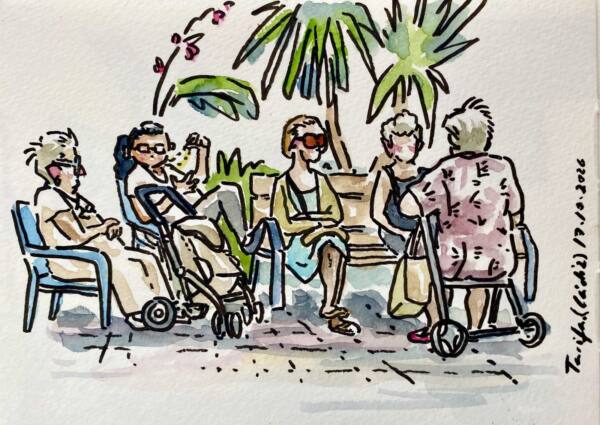 Dibujo de un grupo de mujeres sentadas a la sombra de las palmeras en Tarifa, Cádiz