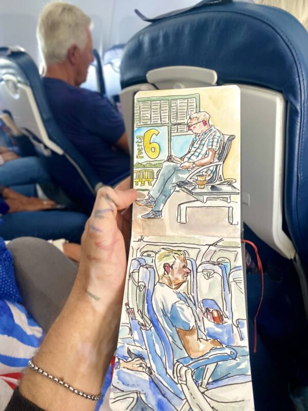 Cuaderno con los pasajeros del vuelo Jerez-Hamburgo dibujados en el avión